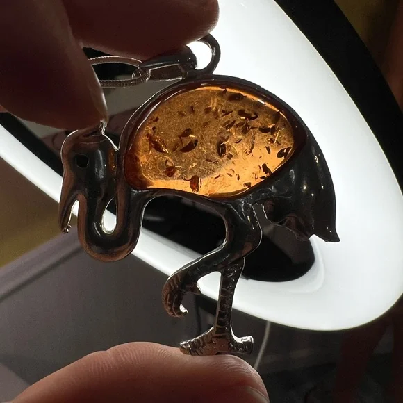 Flamingo Pendant Necklace with Amber Inlay - Silver Tone - Picture 2 of 4